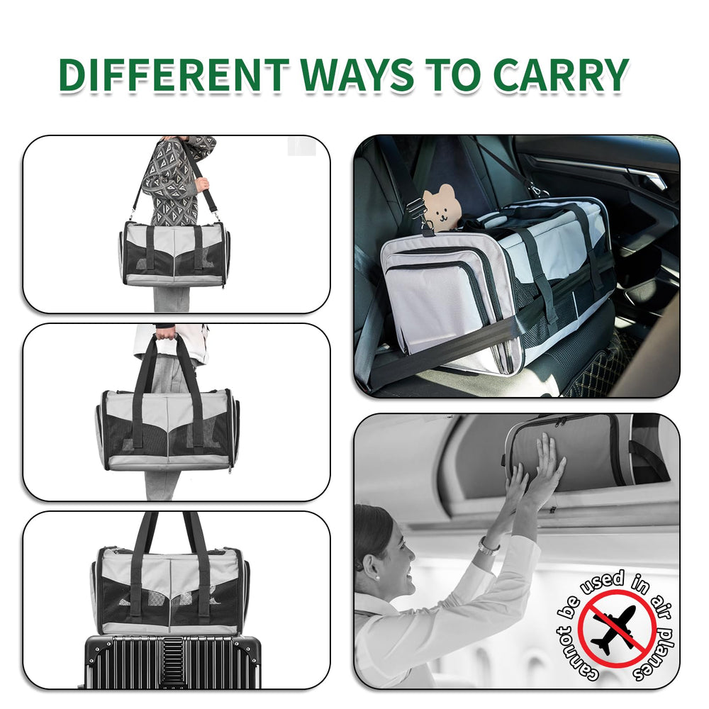 INRLKIT soft-sided mesh carrier provides visibility and breathability for pets.