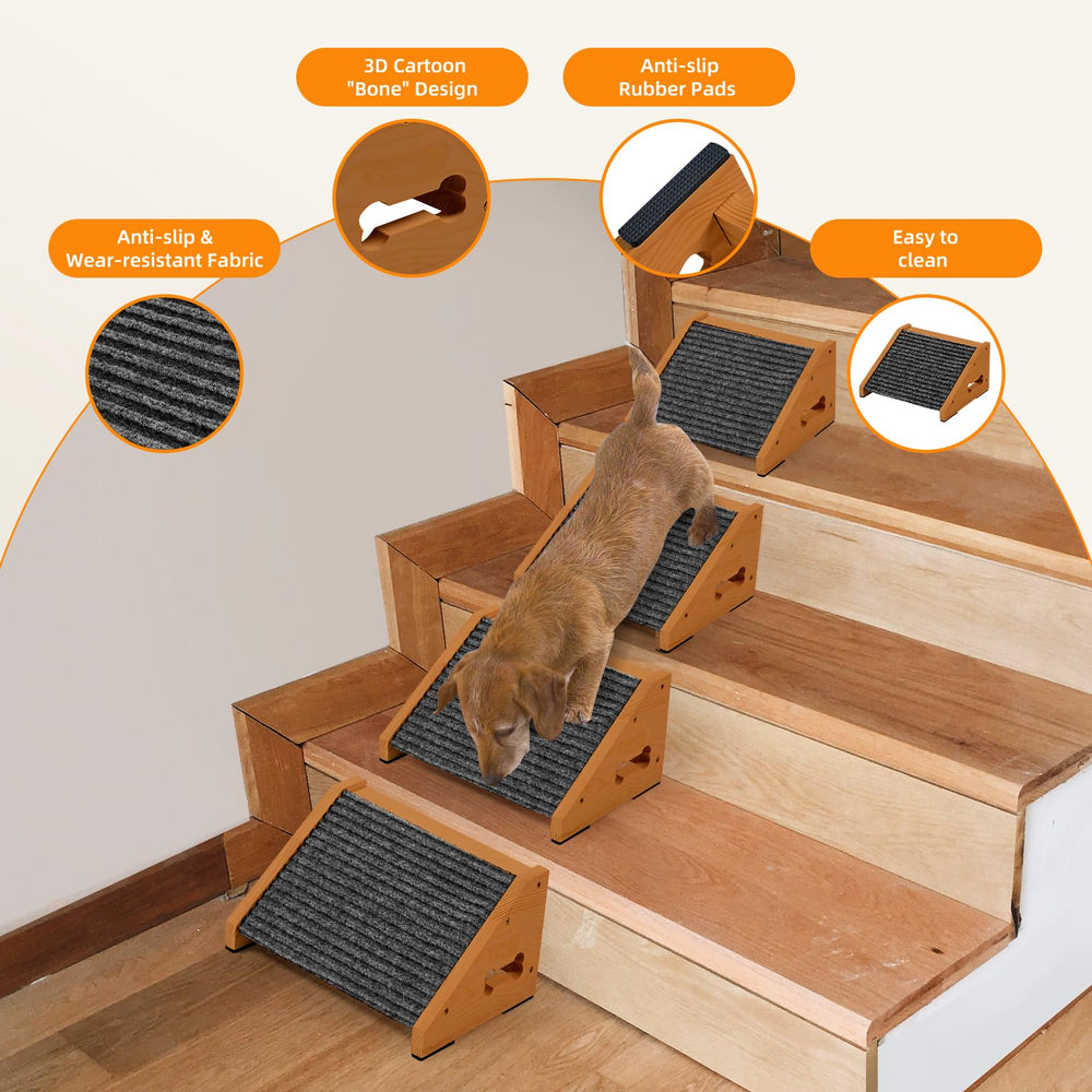 INRLKIT wooden pet stairs carpet close-up highlighting non-slip surface.
