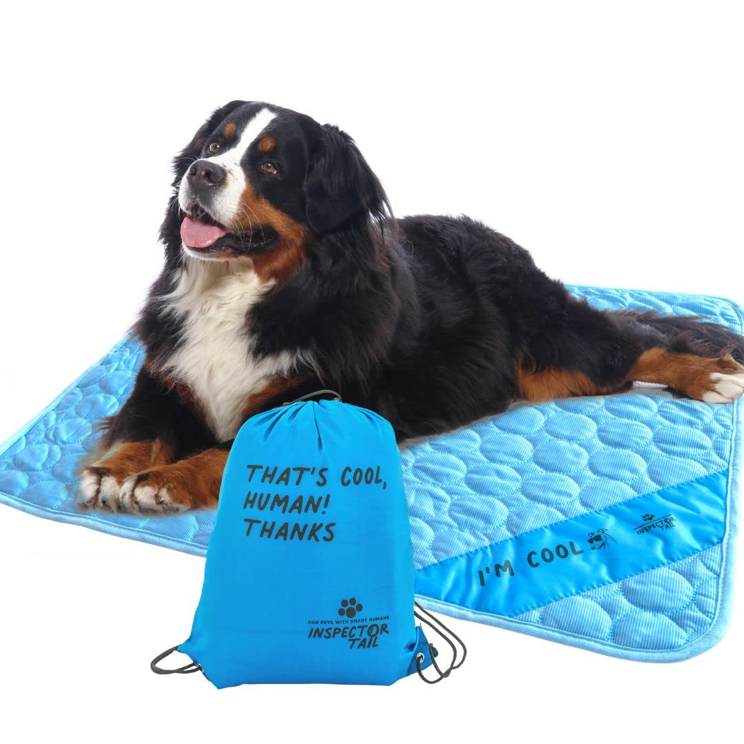INSPECTOR TAIL self-cooling mat blue folded for easy transport and compact travel storage.