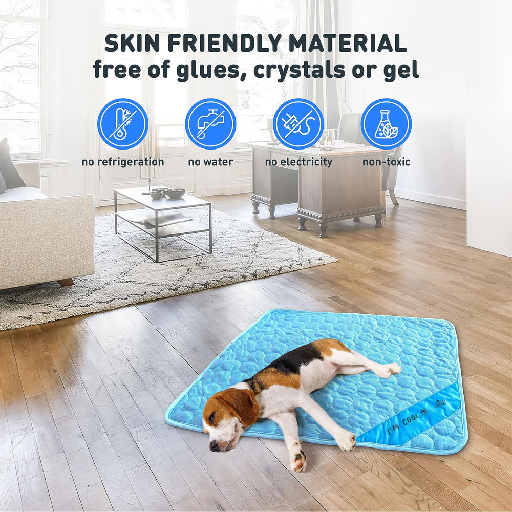 INSPECTOR TAIL self-cooling mat blue with string bag showcases portable cooling during trips.