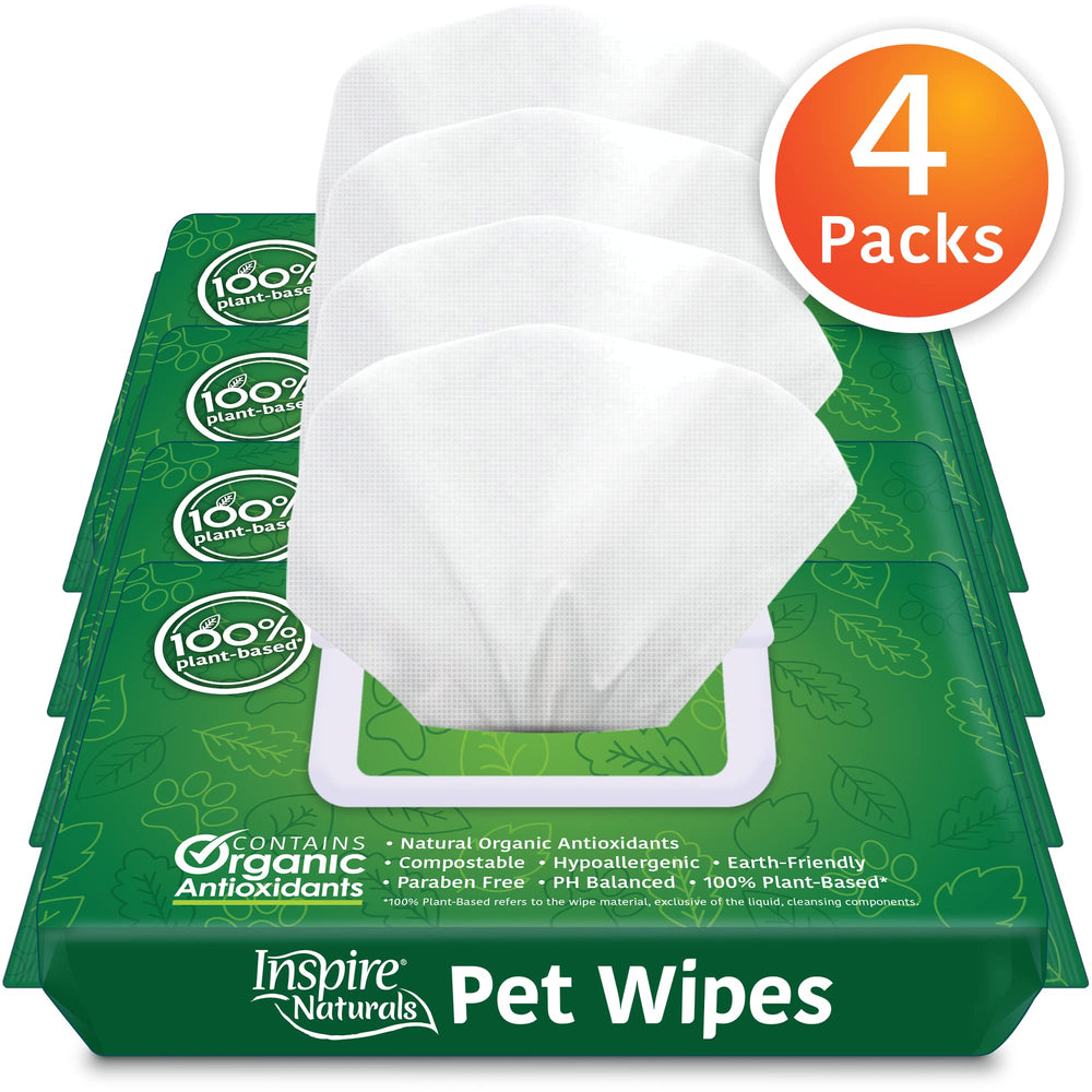 Inspire Naturals pet wipes used on face and ears for gentle cleansing.