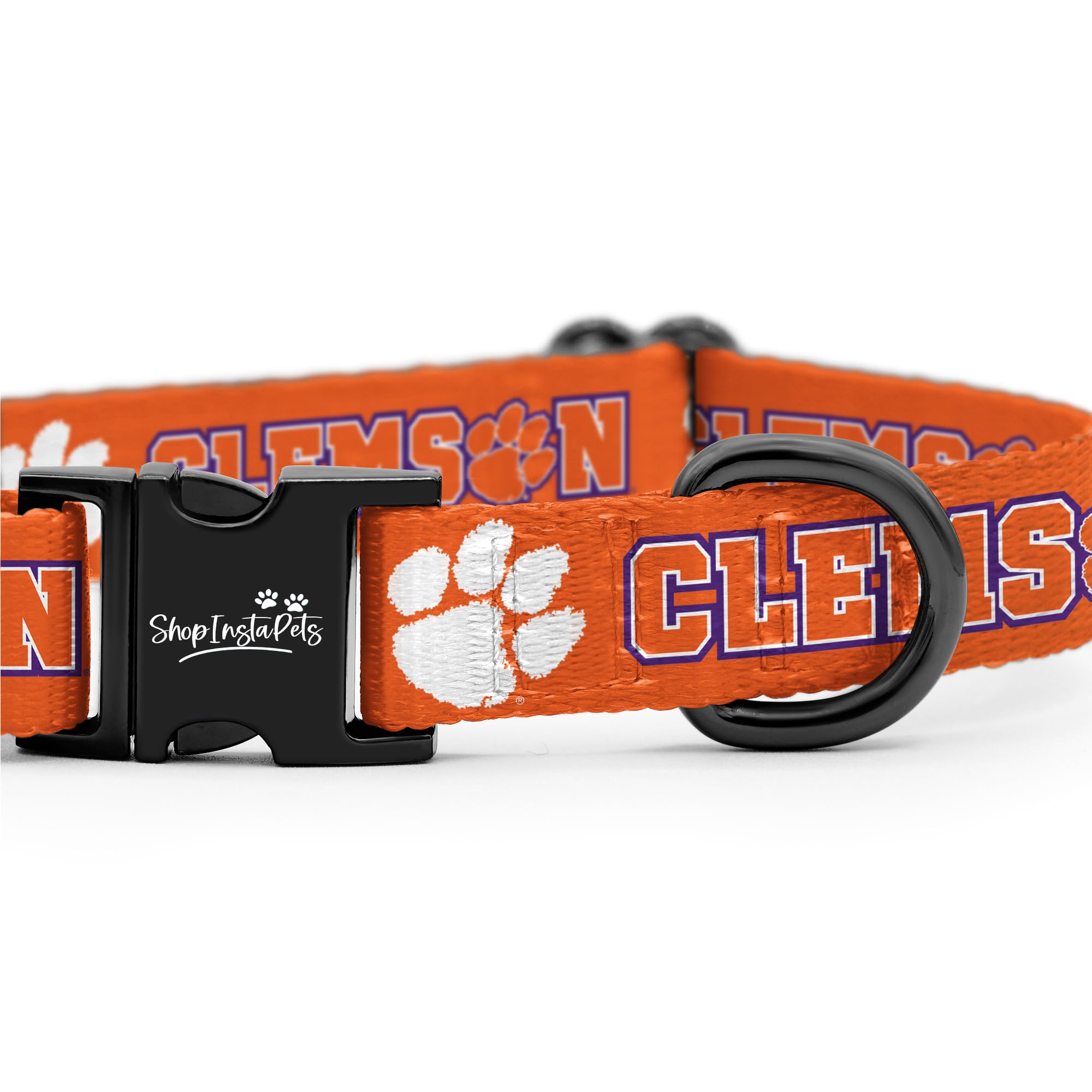 InstaPetTags Clemson Tigers leash and buckle image highlights easy clip attachment and secure control.