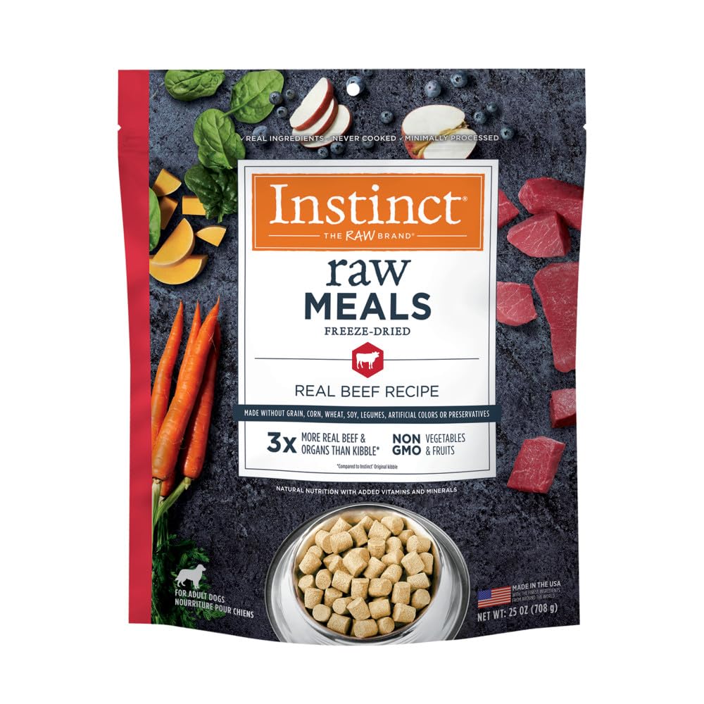 Instinct Freeze-Dried Raw Meals beef chunks in bag deliver high-protein lean muscle support.
