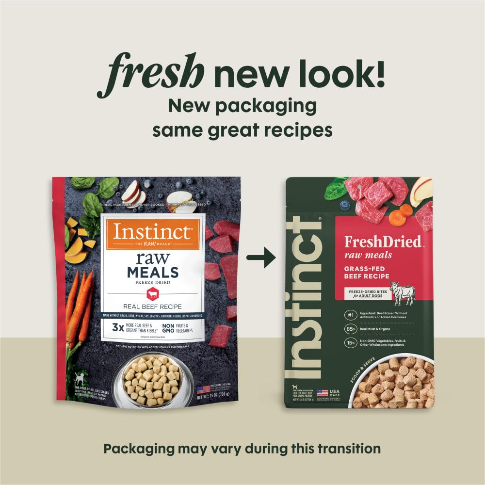 Instinct Freeze-Dried Raw Meals lean muscle protein focus highlights strong dogs.
