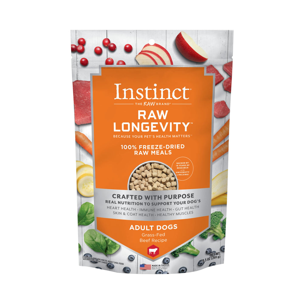 Instinct Nature's Variety NV Dog Longevity Freeze Dried Beef bag ready for convenient feeding