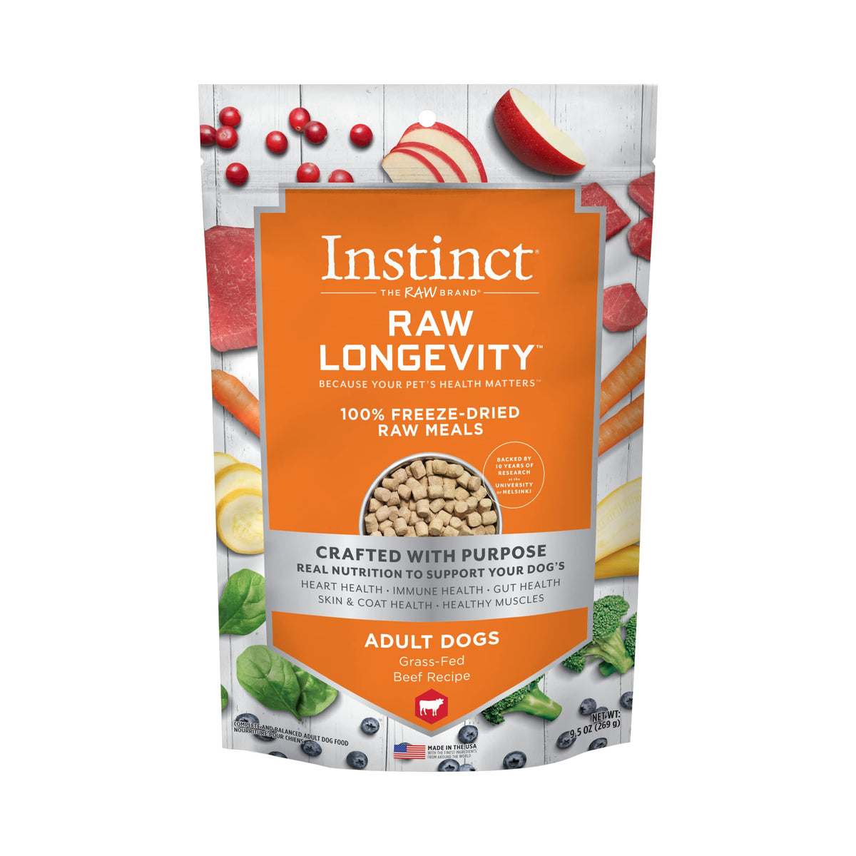 Instinct Nature's Variety NV Dog Longevity Freeze Dried Beef bag ready for convenient feeding