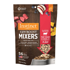 Instinct Raw Boost Mixers beef bag-front highlights a grain-free topper for meals