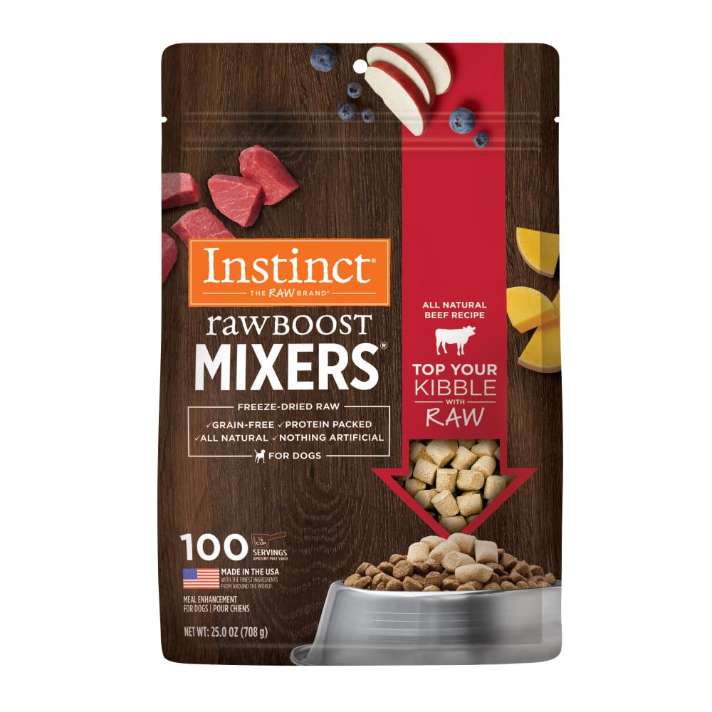 Instinct Raw Boost Mixers front bag—grain-free topper for meals.