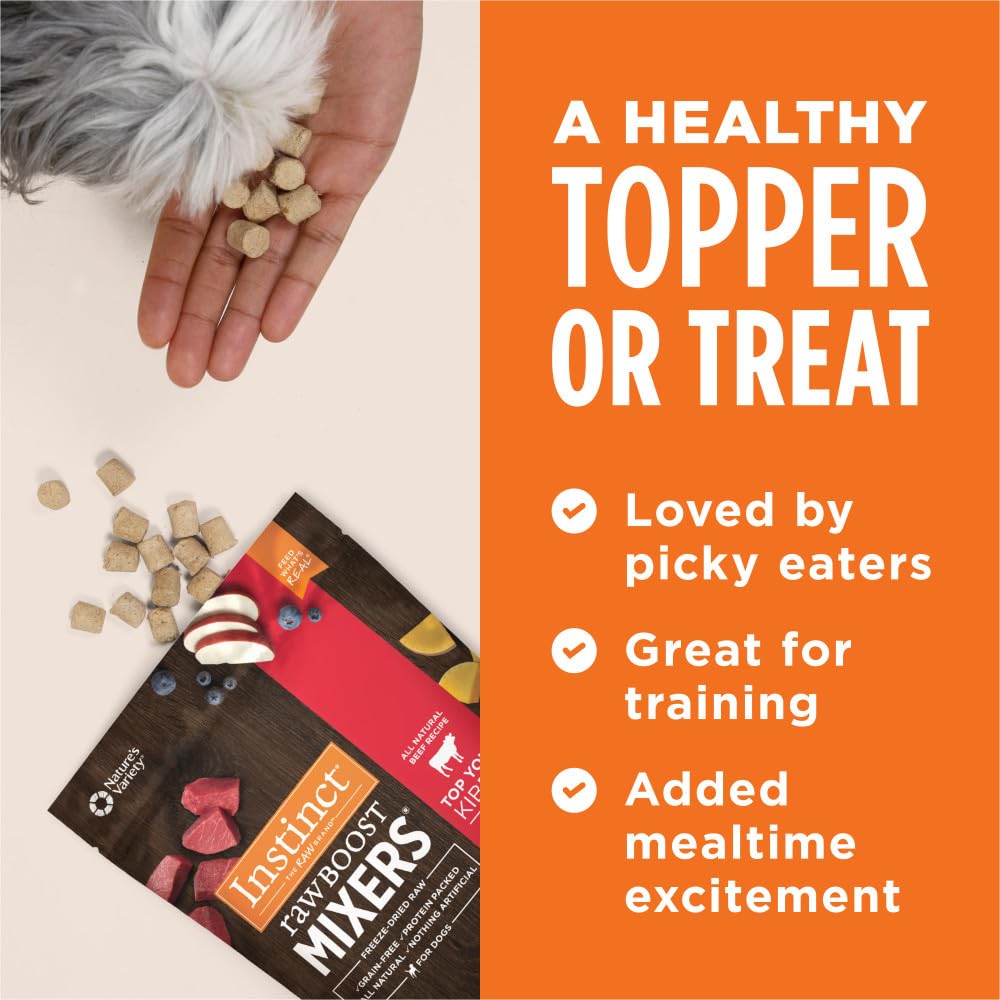 Instinct Raw Boost Mixers puppy dining scene suggests a nutrient-dense topper for growing dogs