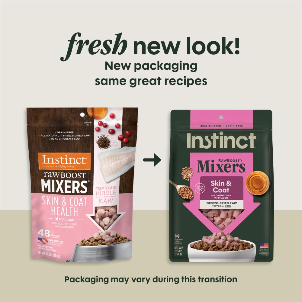 Instinct Raw Boost Mixers bowl over kibble for enhanced flavor and texture.