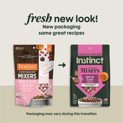 Instinct Raw Boost Mixers skin-coat ingredients closeup showing cod, salmon oil, and chia for a shiny coat.