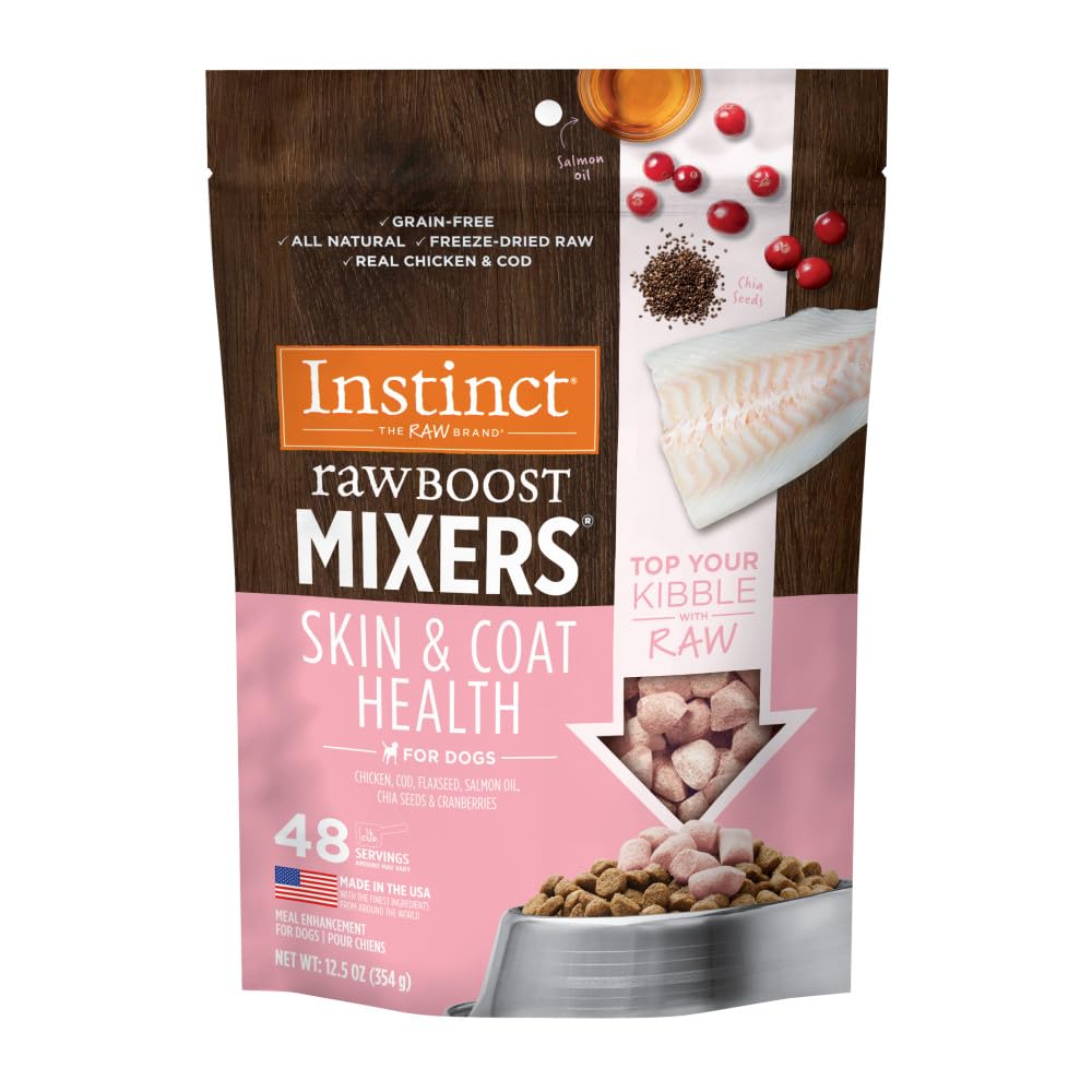 Instinct Raw Boost Mixers packaging highlights grain-free Skin & Coat Health formula.