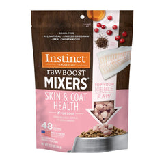 Instinct Raw Boost Mixers packaging highlights grain-free Skin & Coat Health formula.