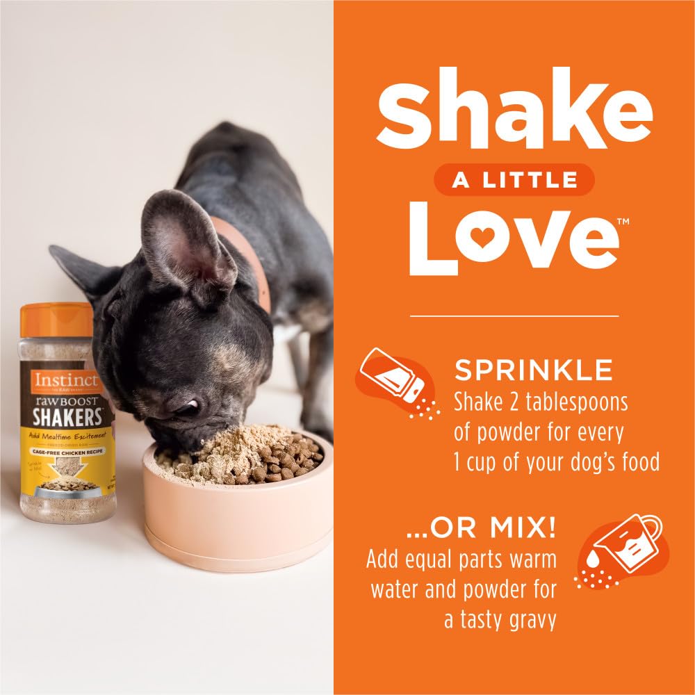Instinct Raw Boost Shakers gravy-mix image suggests a warm-water gravy for hydration and protein.
