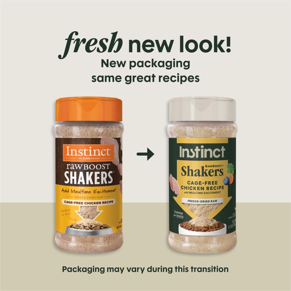 Instinct Raw Boost Shakers chicken shaker-dispense shows an easy pour for kibble toppers.
