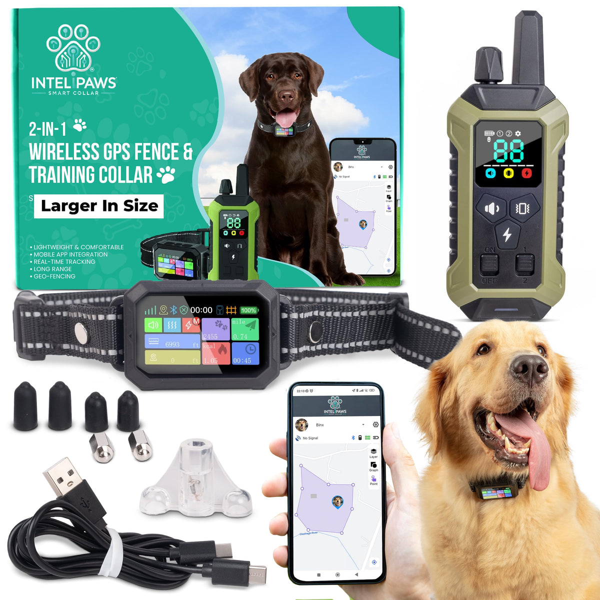 INTELIPAWS GPS fence collar front view aids precise boundary setup for safe yard roaming.