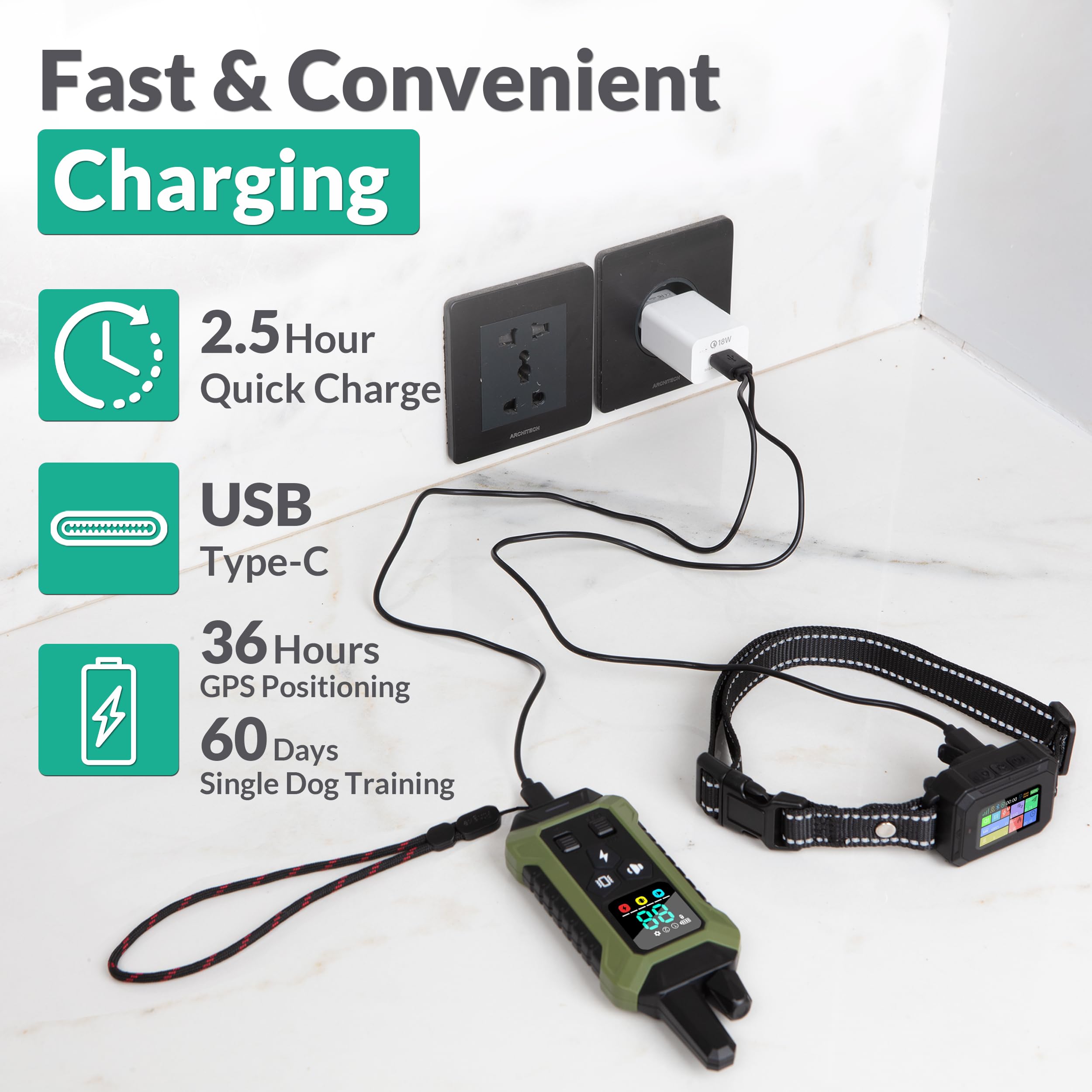 INTELIPAWS quick-charge-collar shows fast charging for spontaneous dog outings.