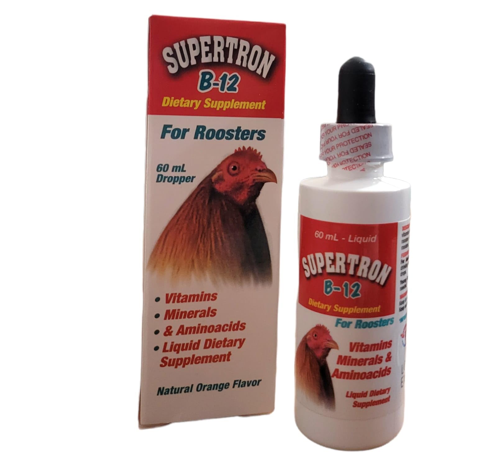 Interfarma Veterinary Supertron B-12 Rooster feeding scene promotes routine supplementation.