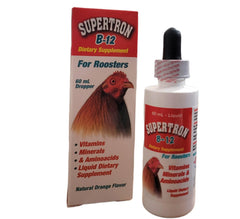 Interfarma Veterinary Supertron B-12 Rooster feeding scene promotes routine supplementation.