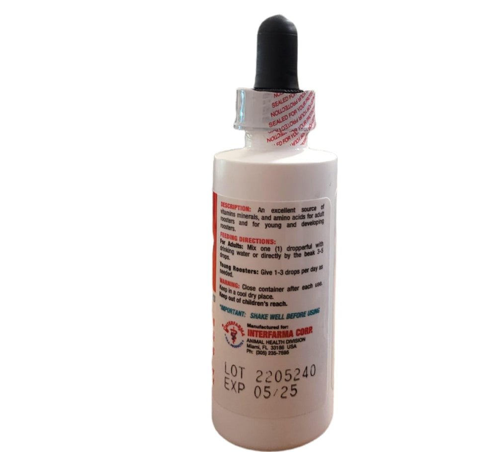 Interfarma Veterinary Supertron B-12 Rooster packaging and bottle in store display.