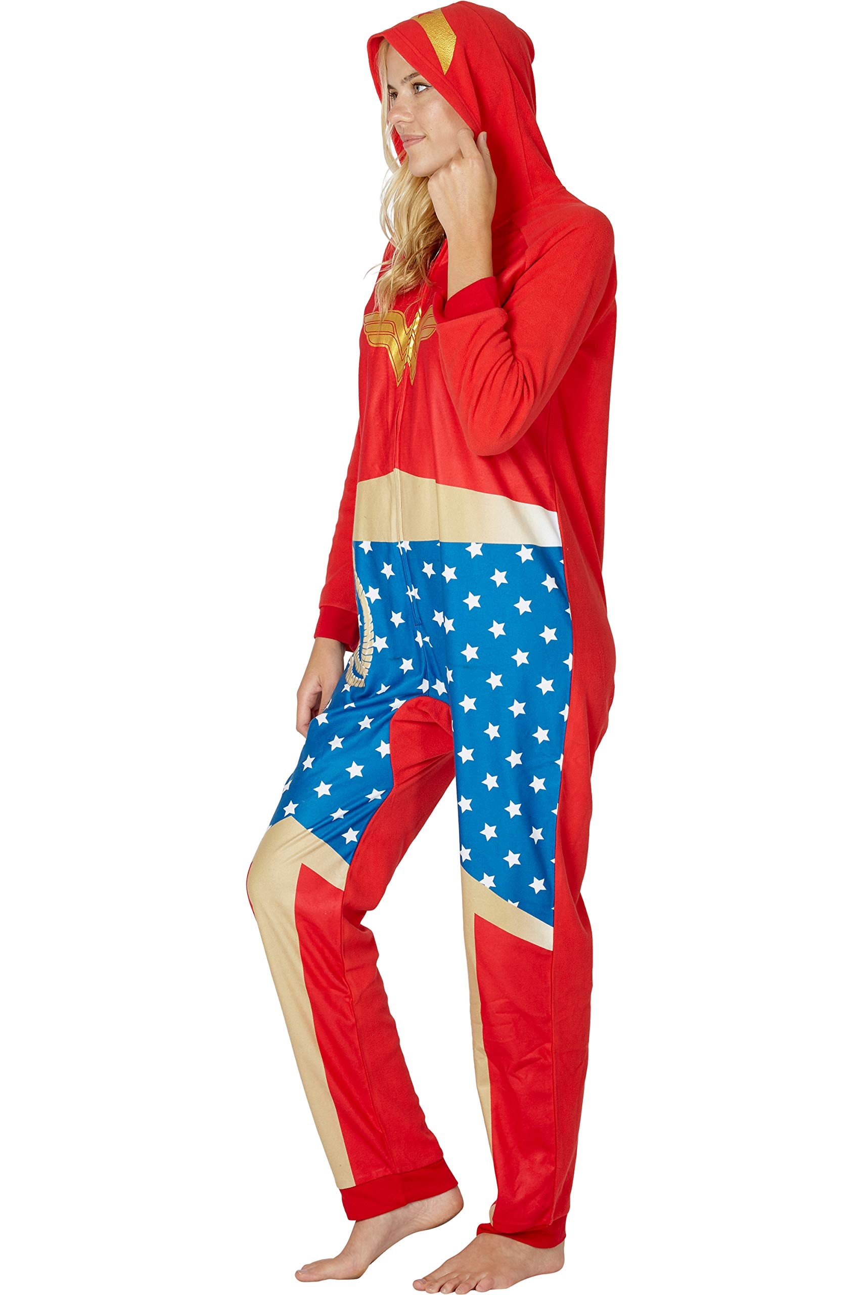 INTIMO hooded Wonder Woman union suit detail highlights snug cuffs and durable zipper.