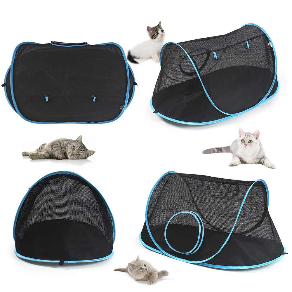 INTURN Cat Furniture Tent outdoor setup demonstrates sheltered kennel for curious felines.