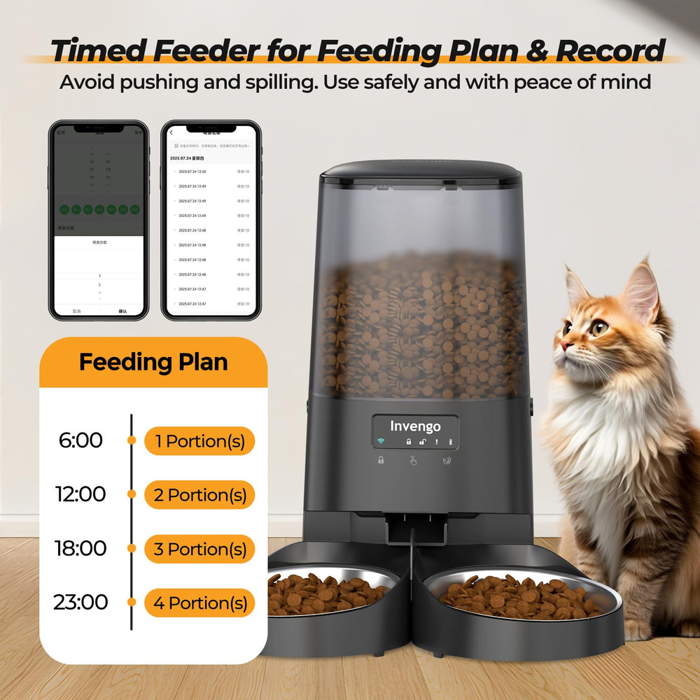 Invengo app control interface showing feeding schedules and history.