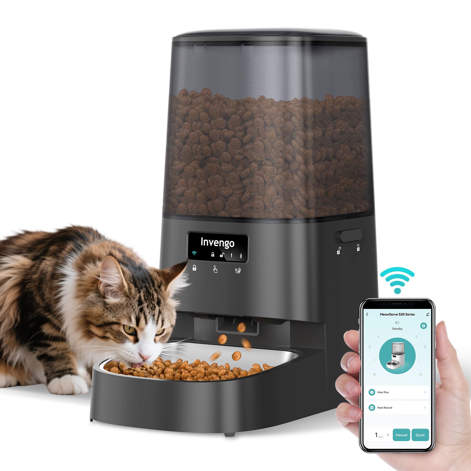 Invengo Automatic Cat Feeder app control enables remote scheduling and feeding history review.