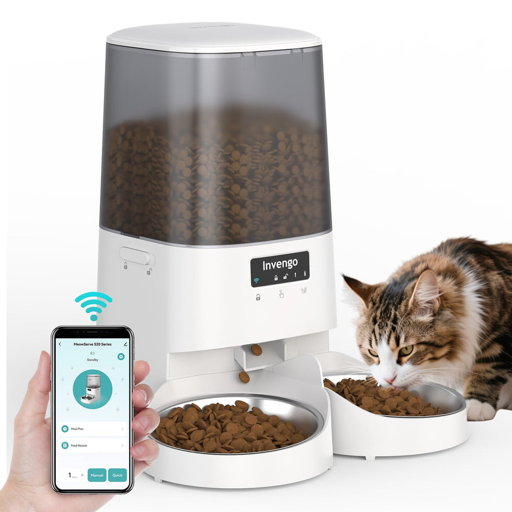 Invengo automatic cat feeder front view with dual stainless steel bowls for two cats