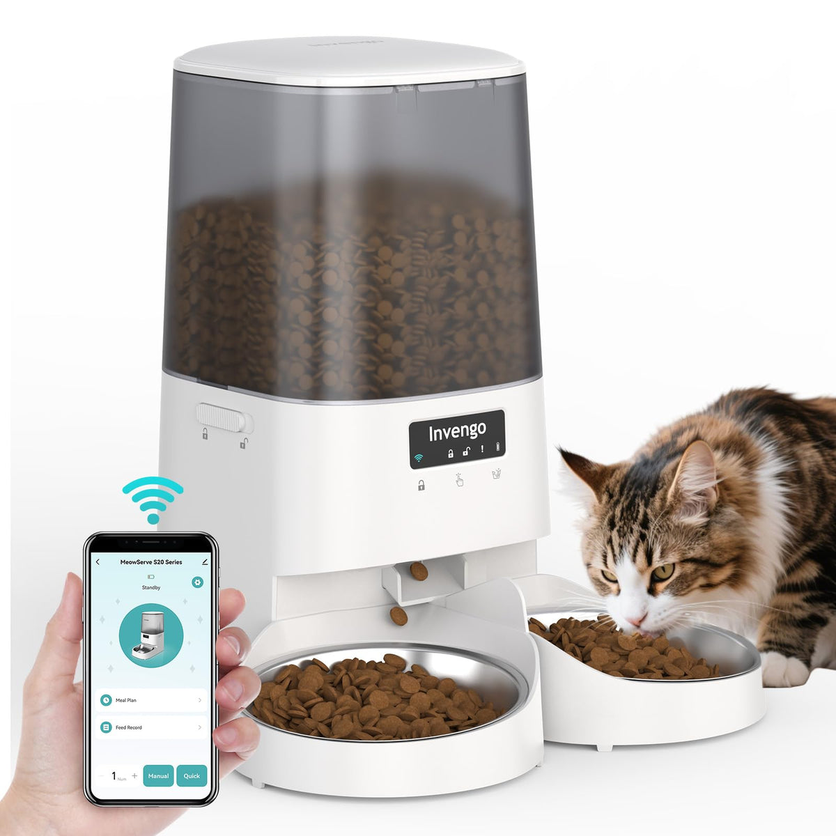 Invengo automatic cat feeder front view with dual stainless steel bowls for two cats