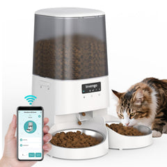 Invengo automatic cat feeder front view with dual stainless steel bowls for two cats