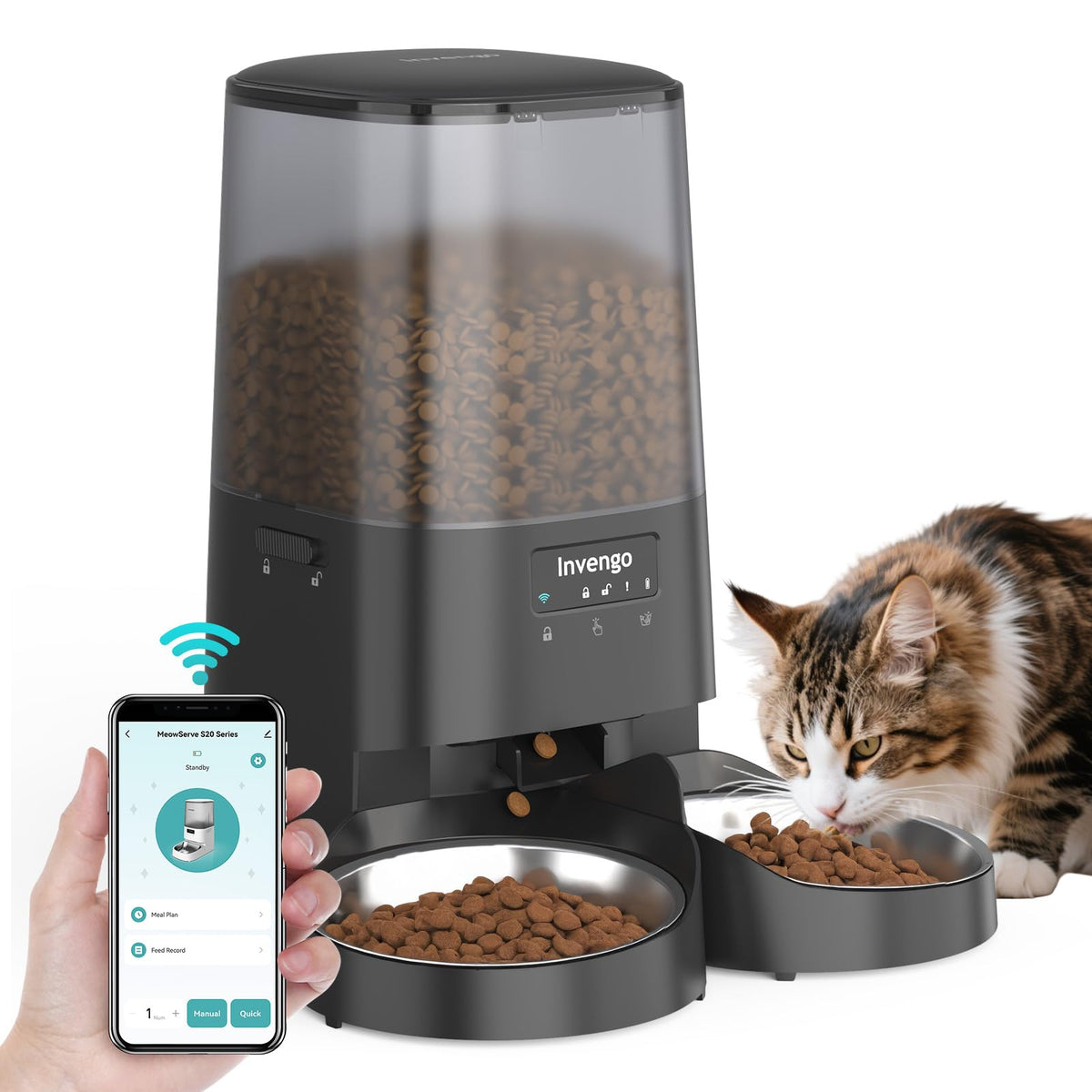 Invengo automatic cat feeder with Wi-Fi setup for remote control and scheduling.