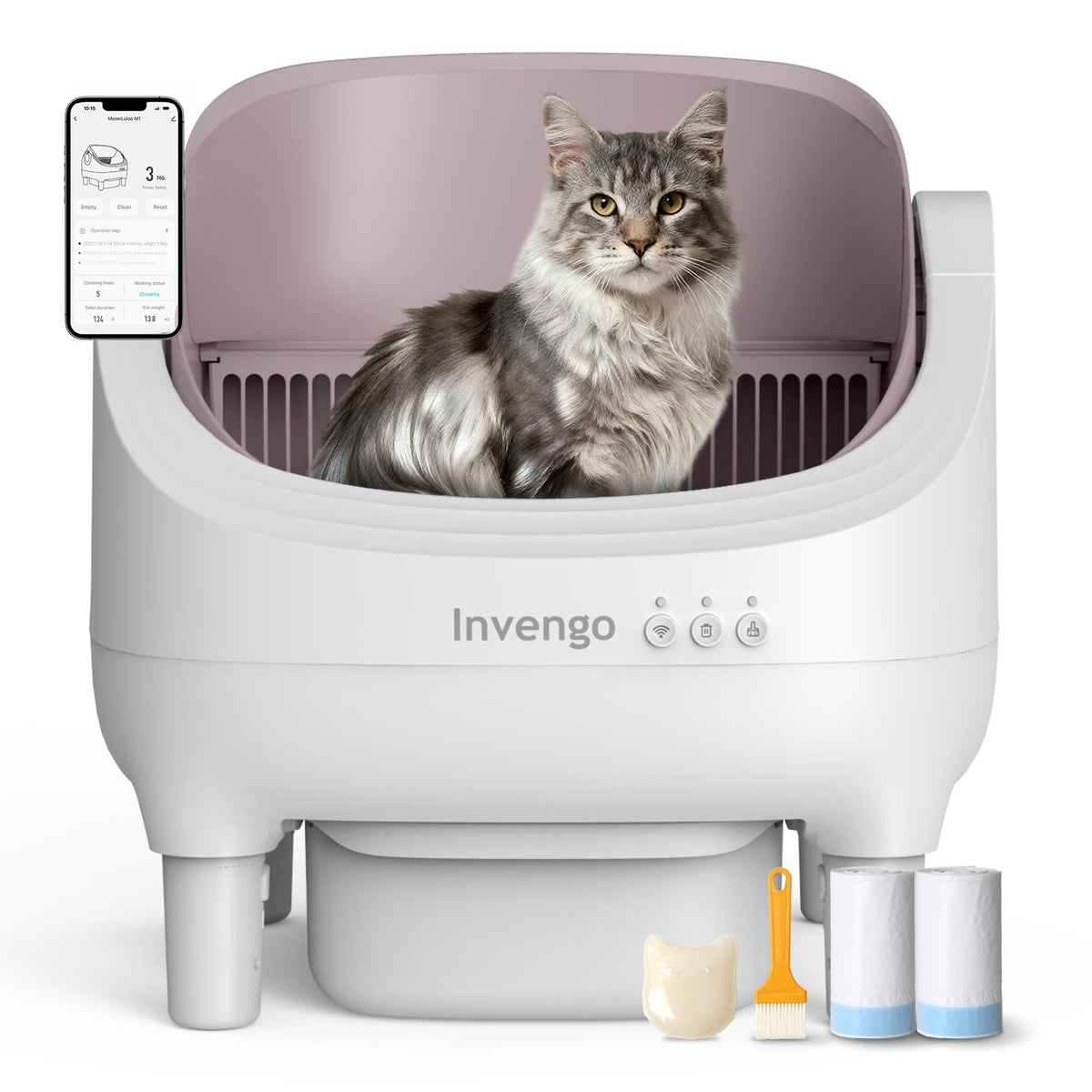 Invengo automatic cat litter box app control interface for easy scheduling and monitoring.