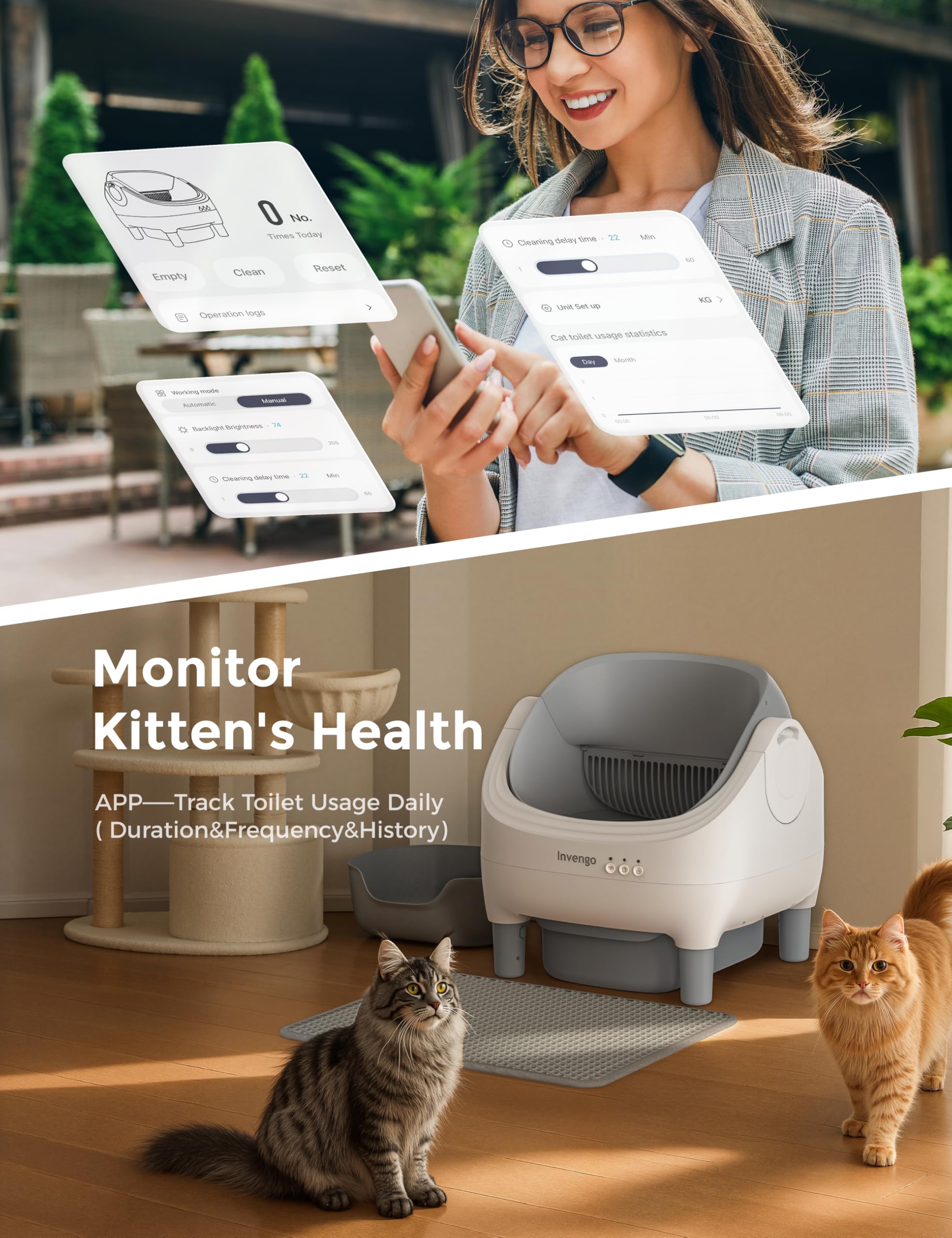 Invengo cat litter box size and dimensions convey roomy interior for various breeds.