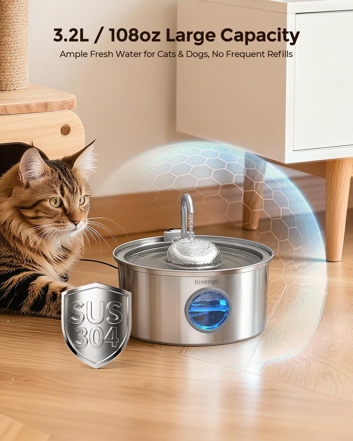 Invengo cat water fountain with 2 flow modes offers customizable drinking options for picky pets.