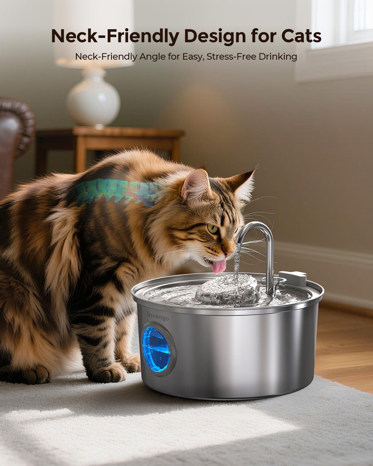 Invengo cat water fountain promotes steady hydration with running water appeal for pets.