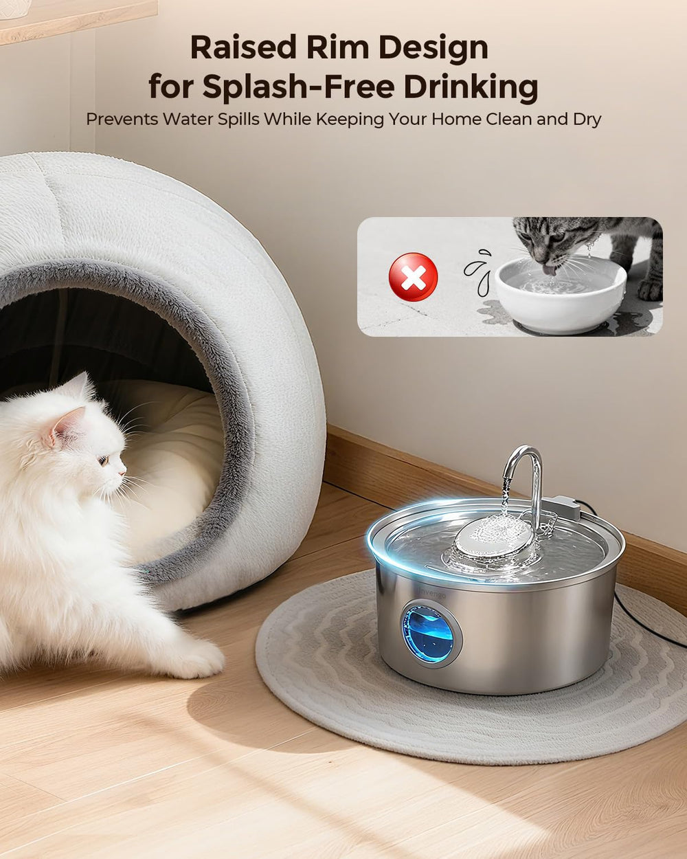 Invengo cat water fountain replacement filters included ensure fresh-tasting water over time.