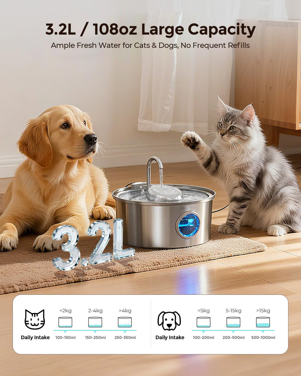 Invengo cat water fountain stainless-steel bowl highlights durable, hygienic surface that's easy to clean.