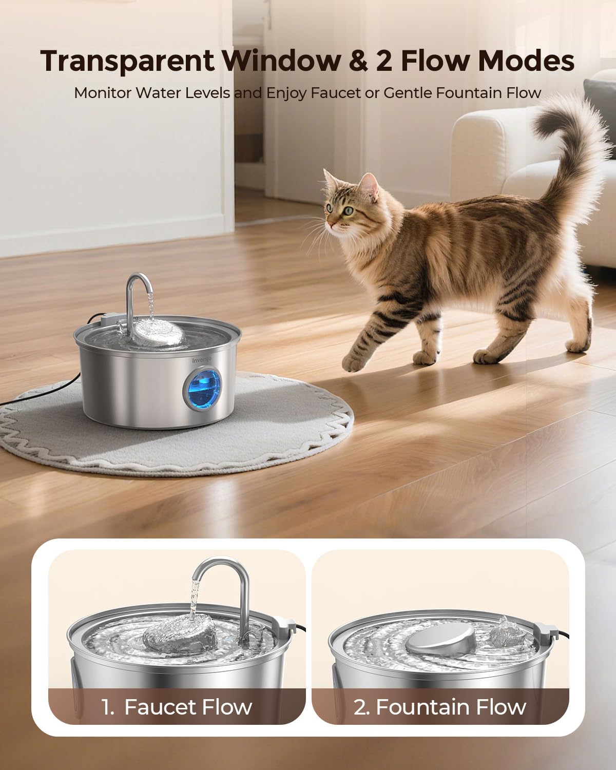Invengo cat water fountain water level window lets you monitor hydration at a glance.