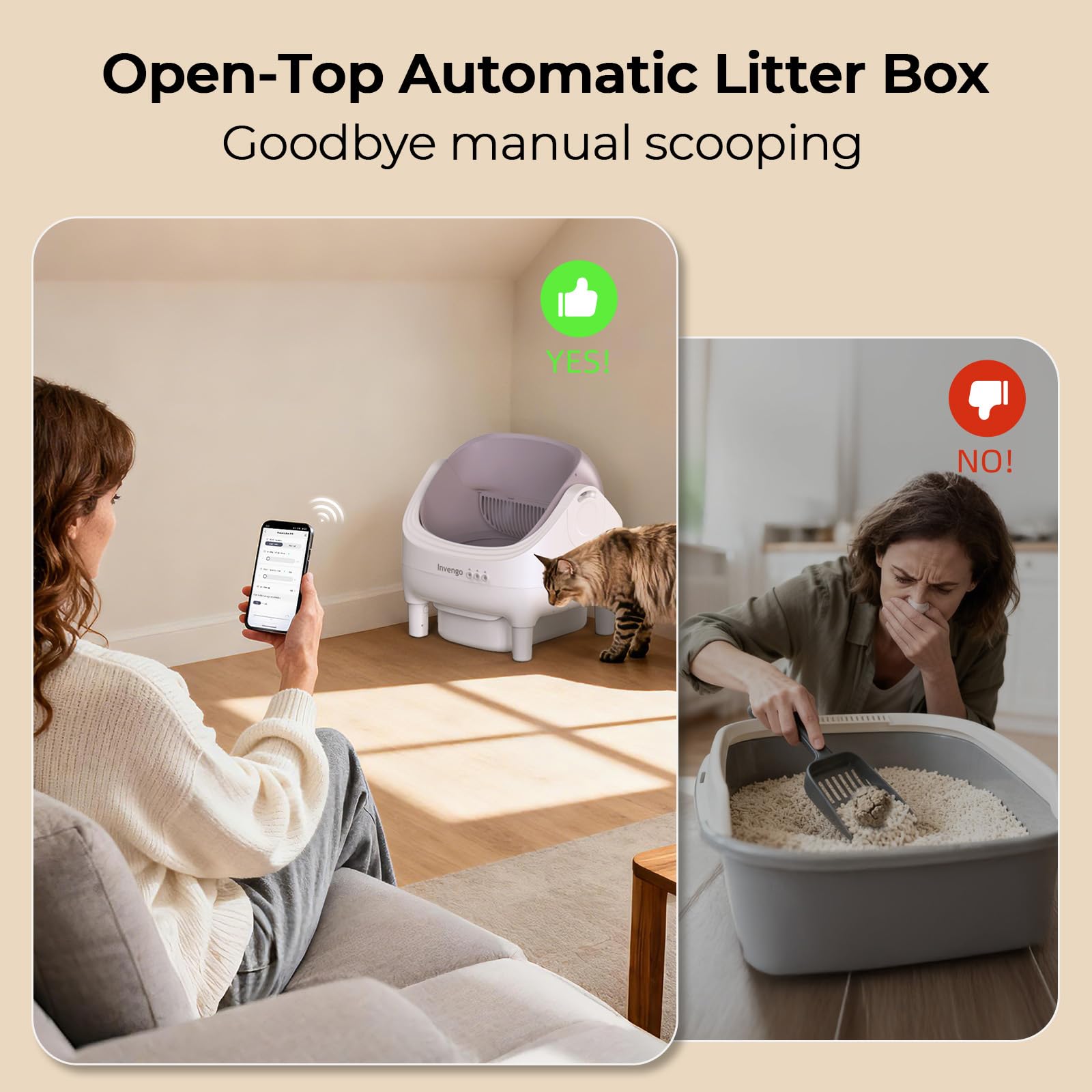 Invengo safety sensors and weight sensors pause cleaning for cat safety.