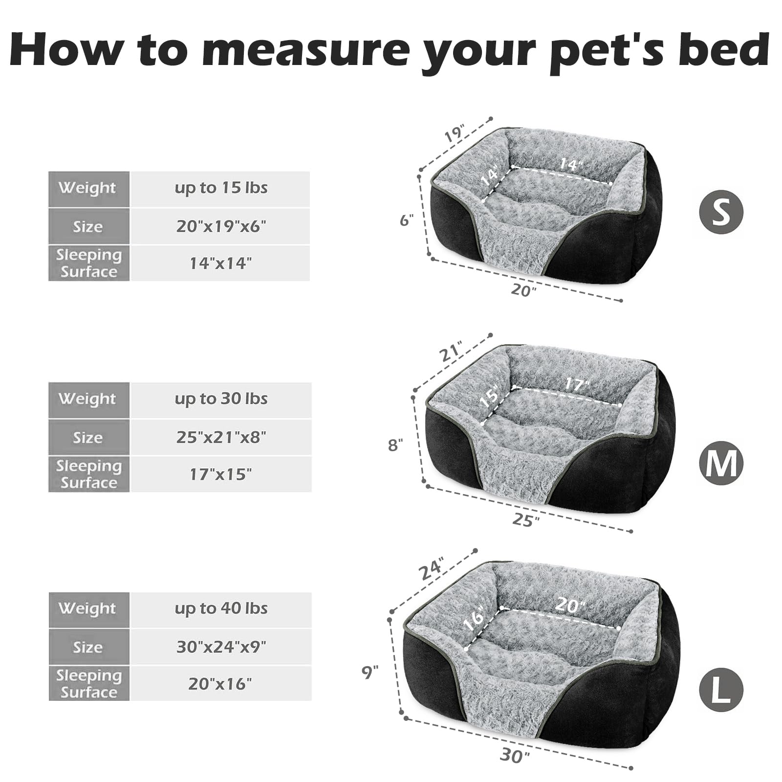 INVENHO bed size chart showing small to XXL options for dogs of all sizes.