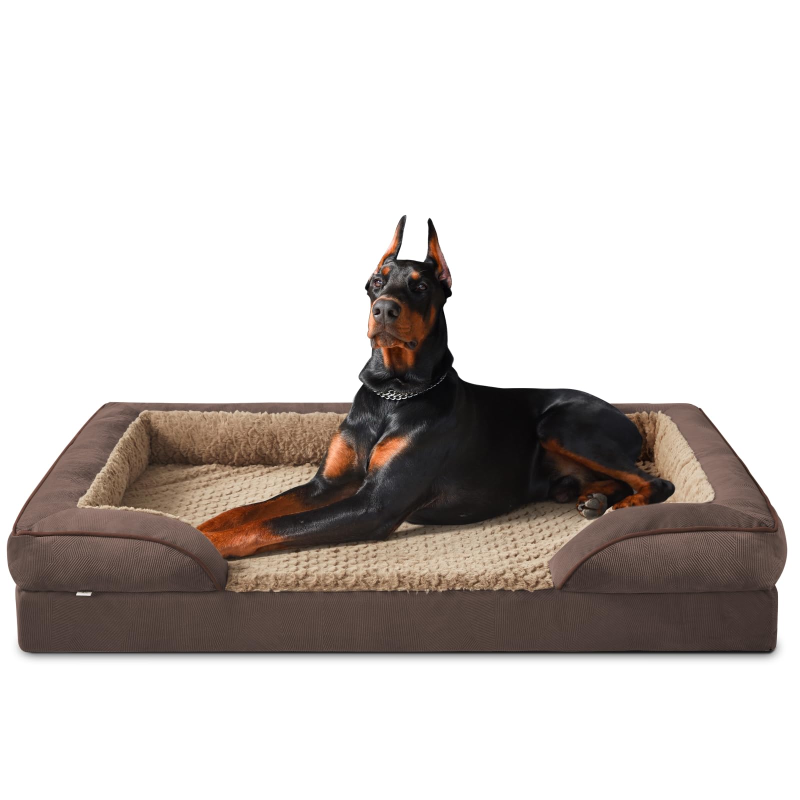 INVENHO XXL orthopedic dog bed left view showing egg-crate foam and bolster support for joints
