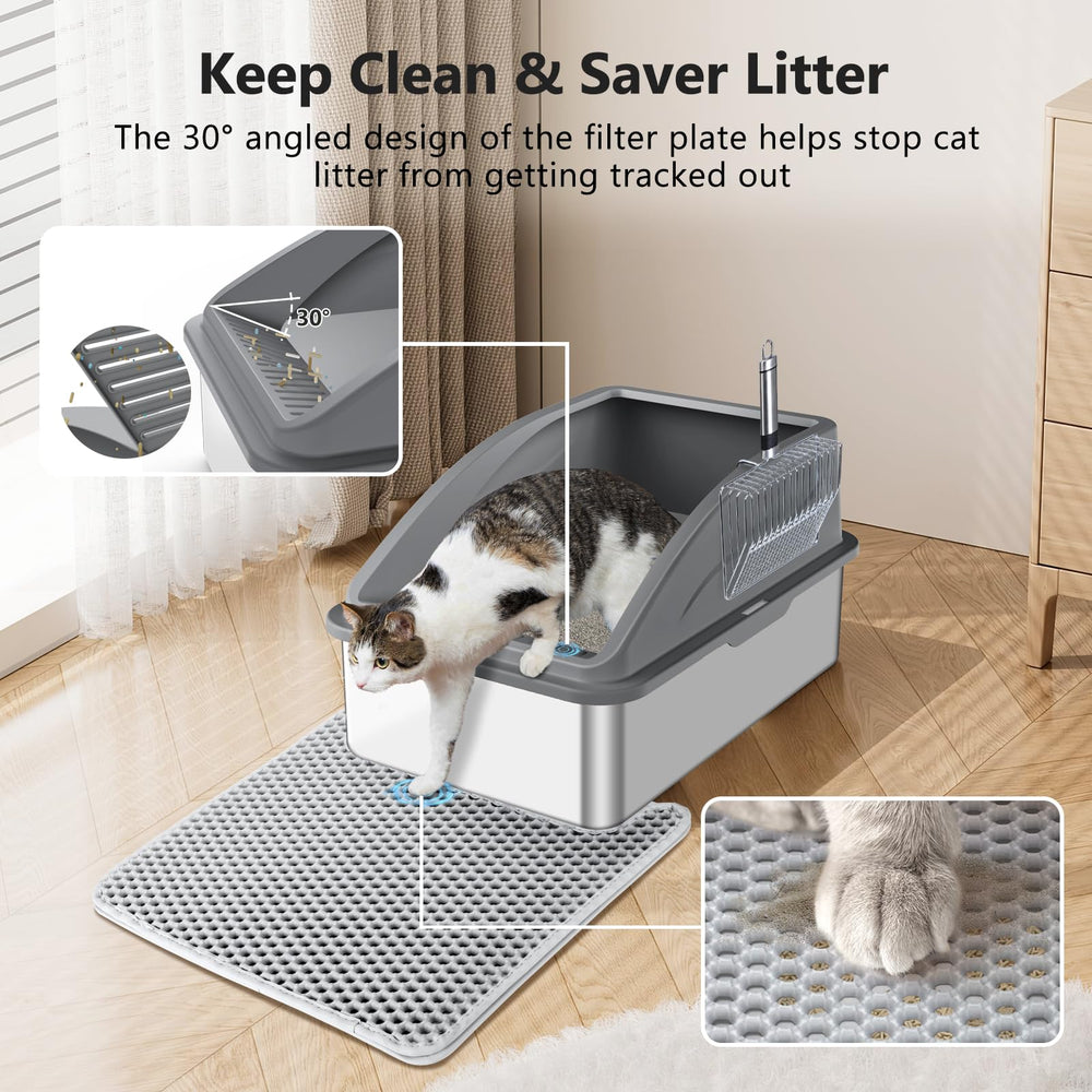 INVENHO stainless steel litter box lid-angle view demonstrates containment during digging