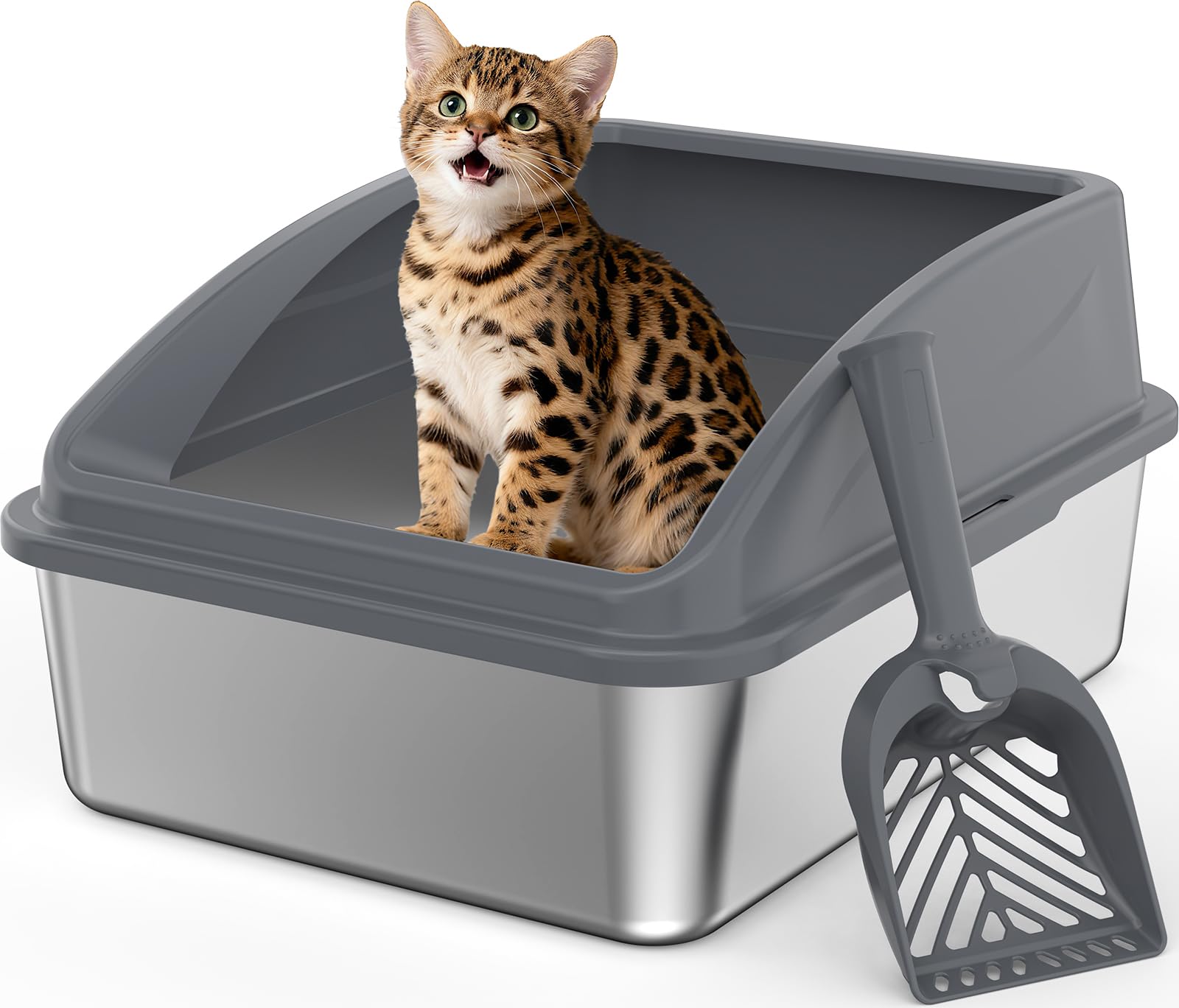 INVENHO stainless steel litter box top-entry view showing secure containment and reduced mess