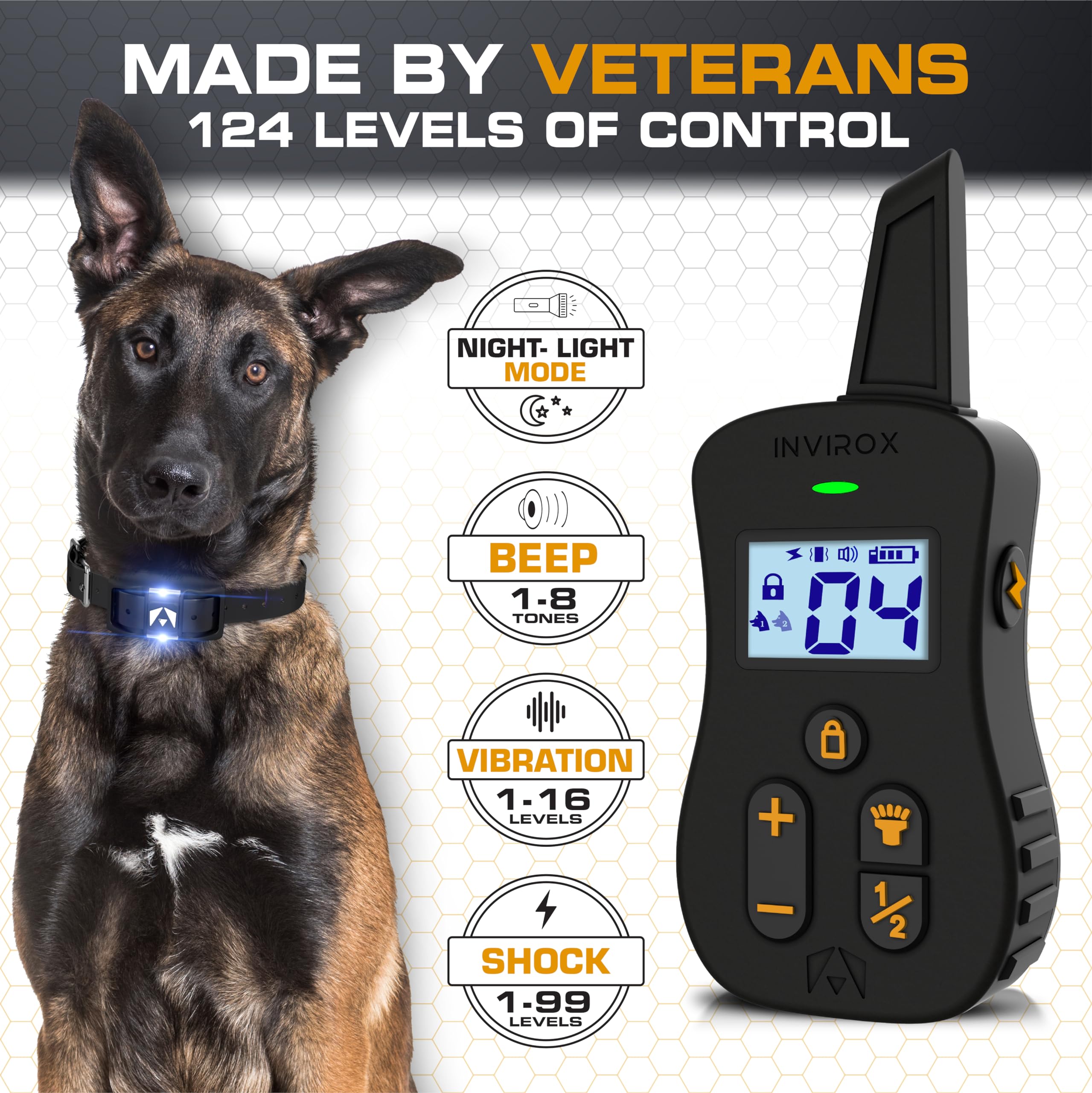 INVIROX Ultra K9 night-light mode for safer evening walks.