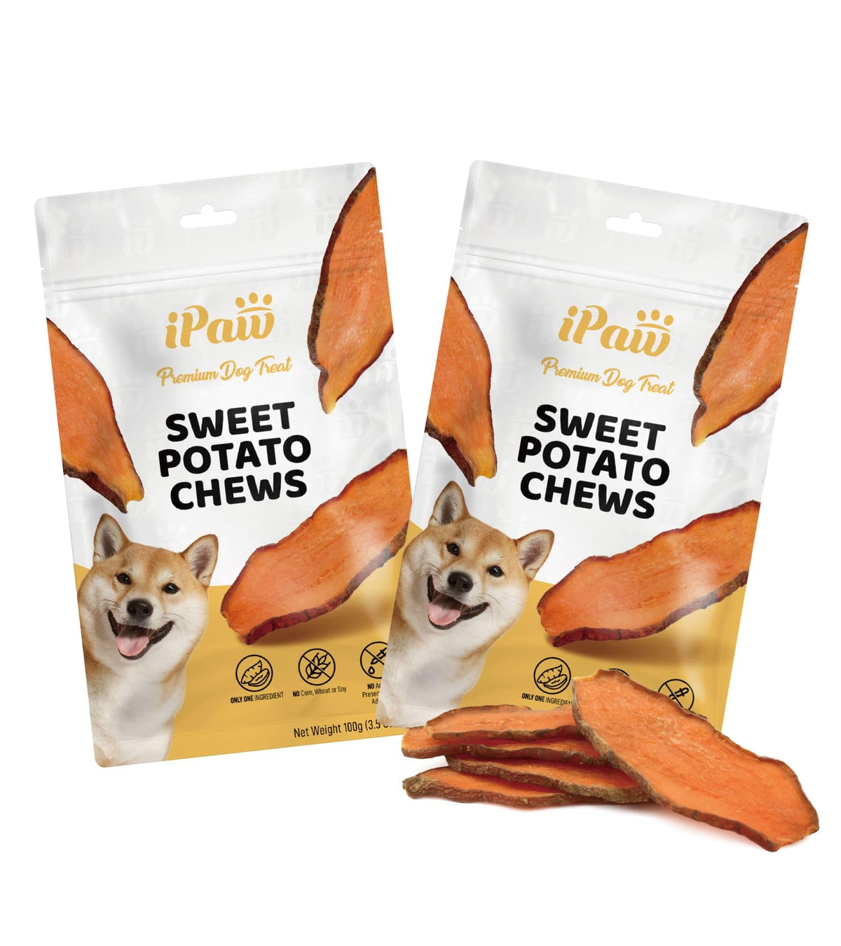 iPaw Sweet Potato Chews pack front highlighting single-ingredient treat for dogs' healthy snacking