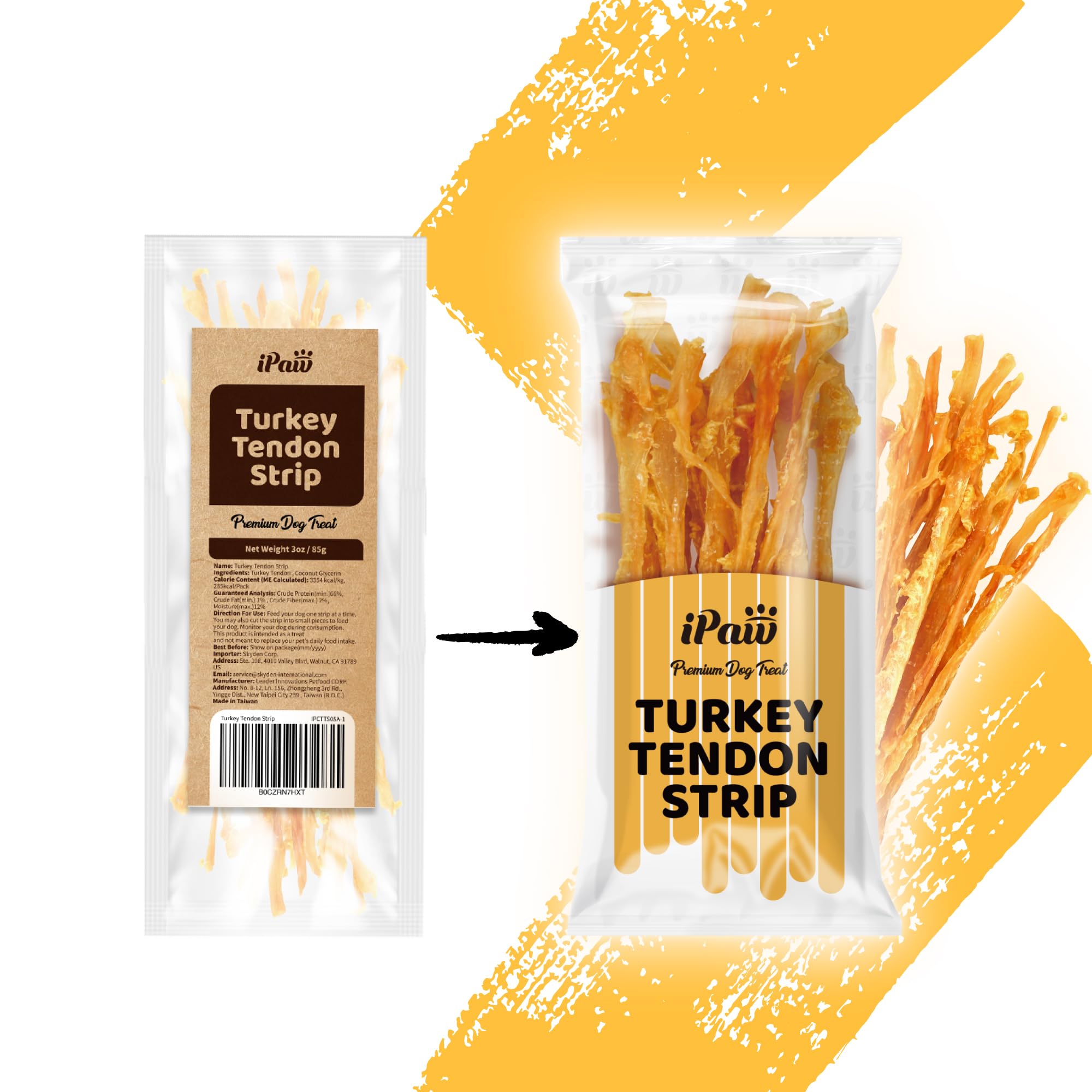 iPaw Tendones de Pavo para Perros: primer plano de ingredientes, 100% pavo natural.