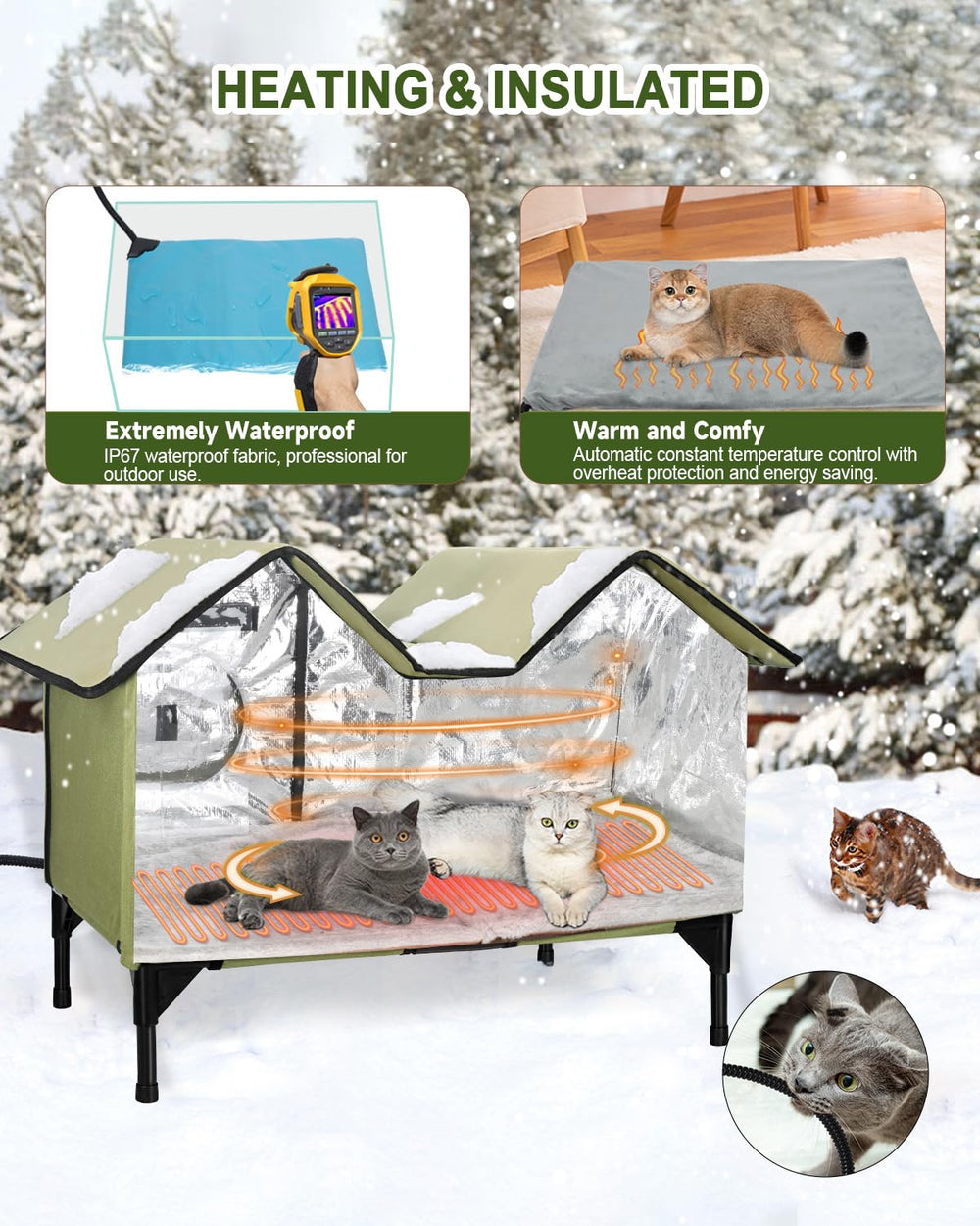 IPEAIN heated cat house porch setup shows tool-free Velcro assembly for quick shelter.