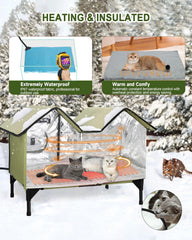 IPEAIN heated cat house porch setup shows tool-free Velcro assembly for quick shelter.