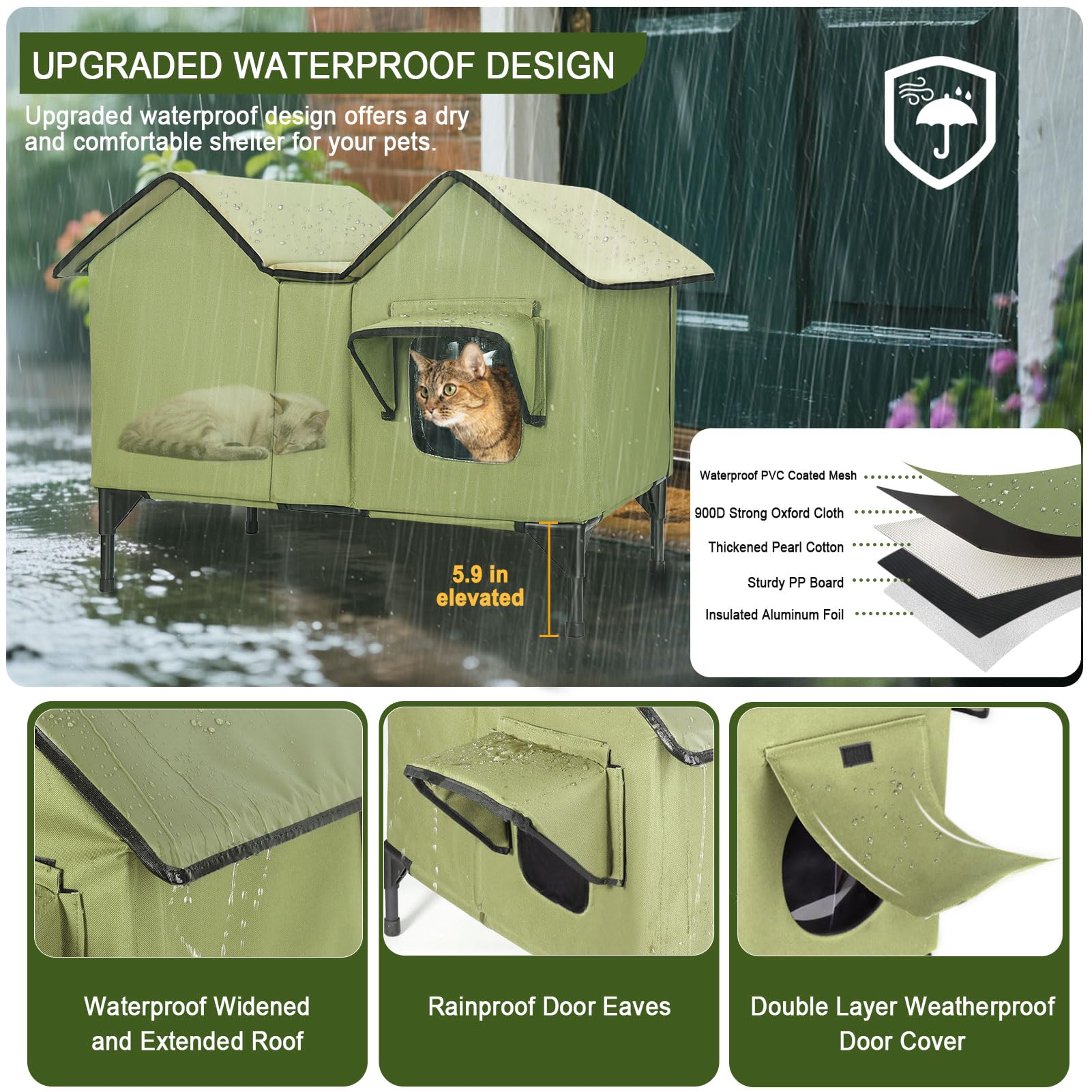 IPEAIN heated cat house elevated base keeps paws dry and above moisture.